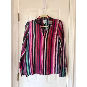 Nic+Zoe Multicolor Stripe Silk Button Down Shirt Top Blouse XS